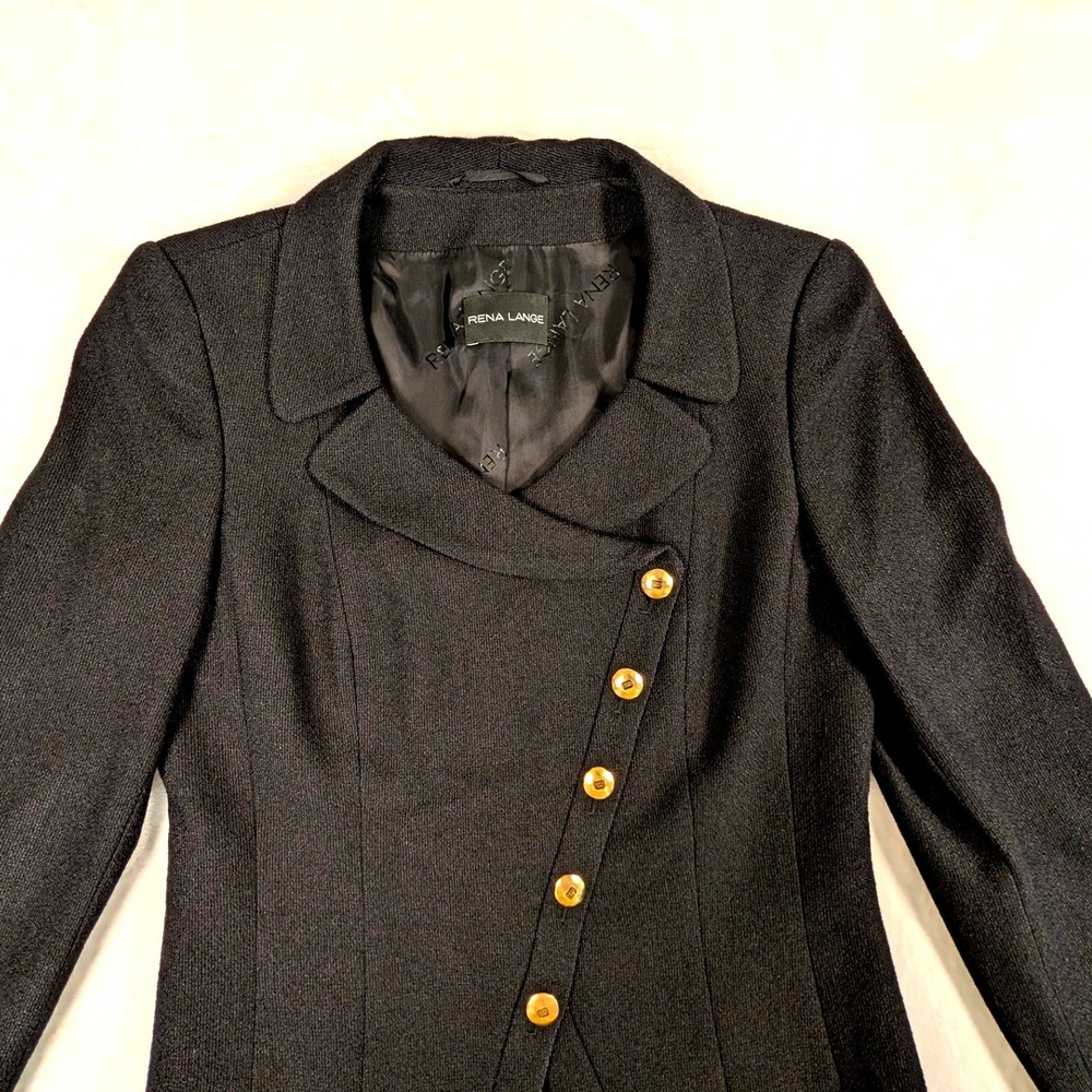 Rena Lange Womens Black Silk Blend Asymmetric Gold Button Blazer Jacket Size 6